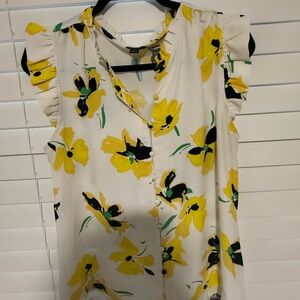 Ann Taylor Cream Floral Button-Front Ruffle Sleeve Top